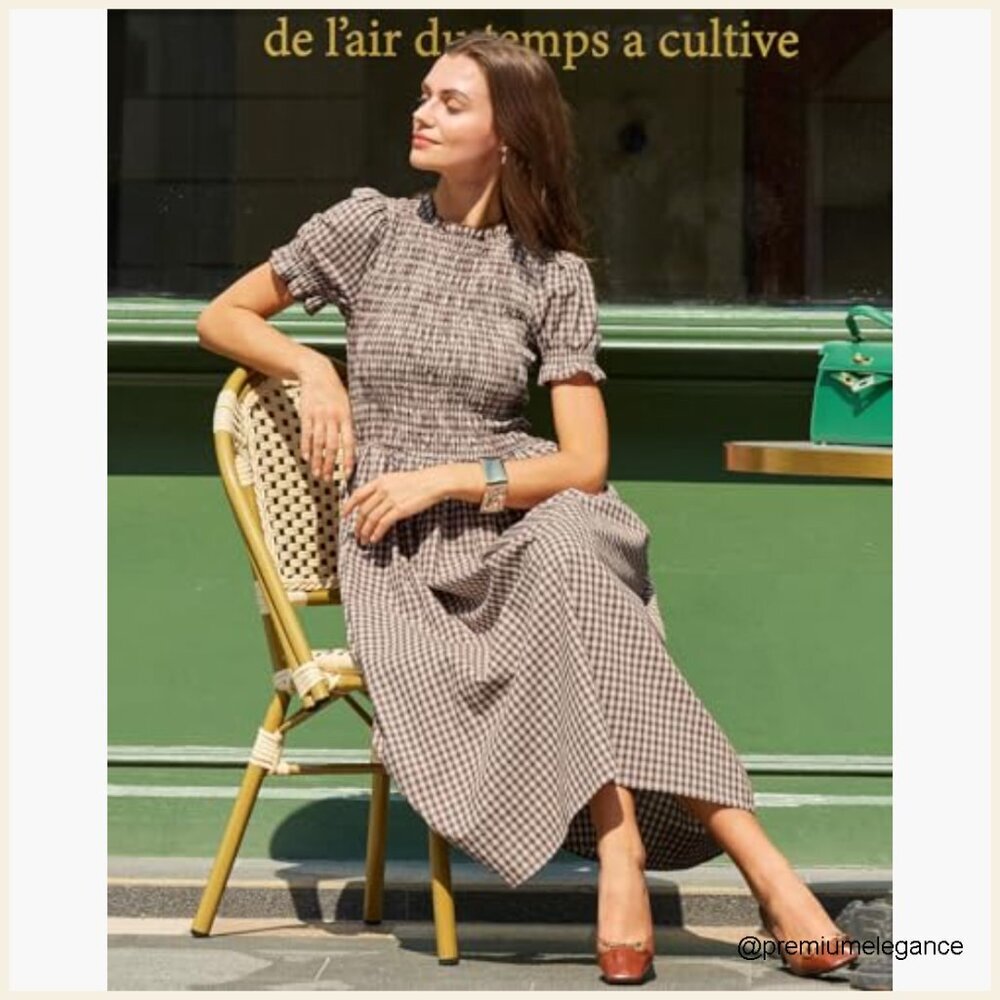 Women's Cotton Smocked Midi Dress with Puff Sleeves, Flowy A-Line - Picture 2 of 7